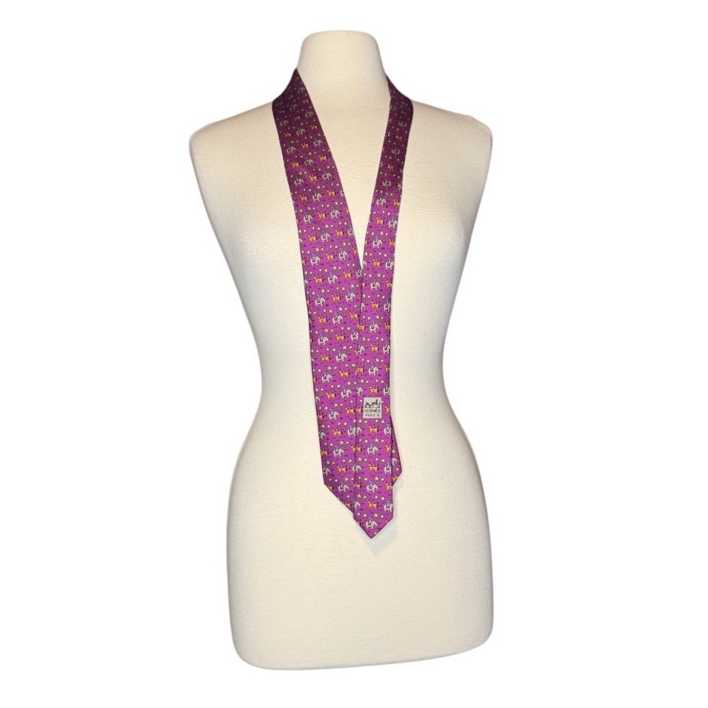 Authentic HERMES Paris Silk Tie Purple Elephant Jockeys Safari Vintage 5416 OA